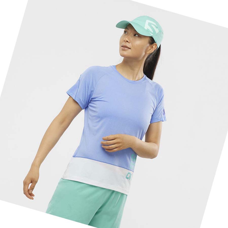 Salomon CROSS RUN GRAPHIC T-shirts Damen Weiß Blau | DCQSOIU-46
