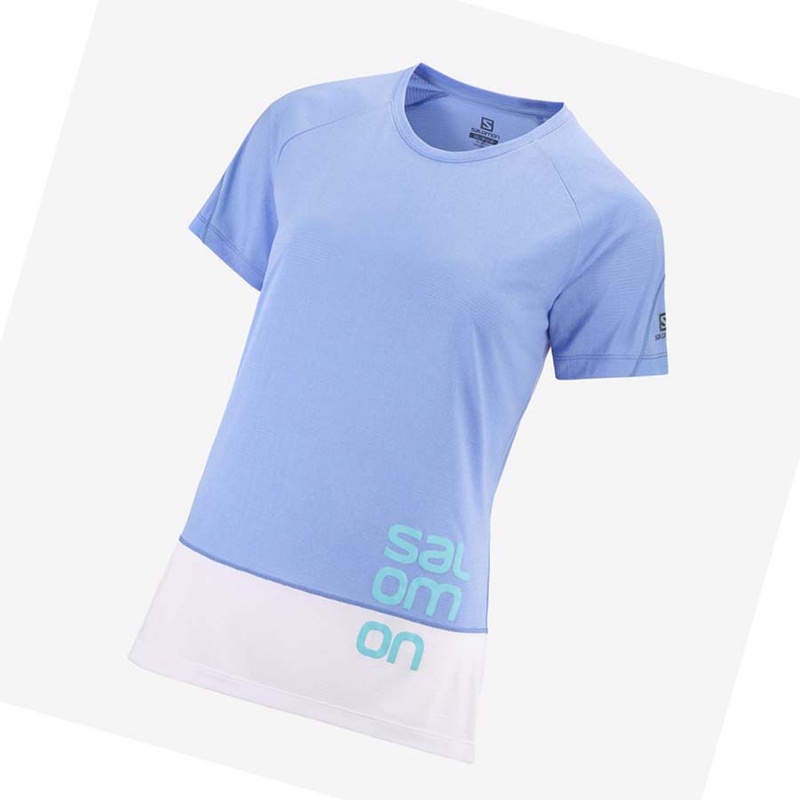 Salomon CROSS RUN GRAPHIC T-shirts Damen Weiß Blau | DCQSOIU-46